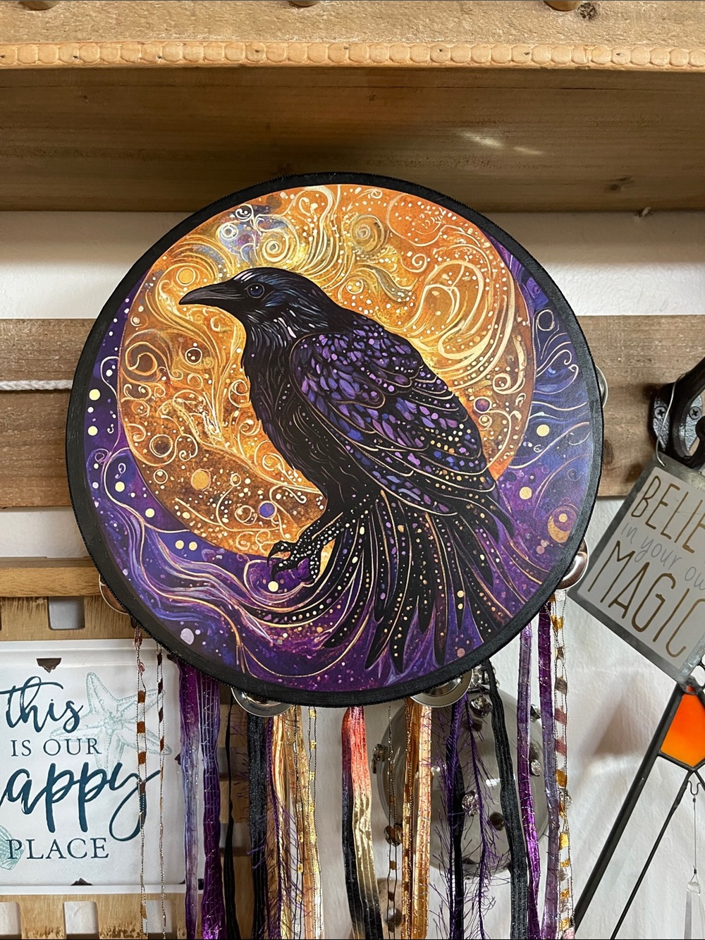 Purple & Gold Raven Wall Tambourine Art - Decorative Home Wall Decor 10” diamete